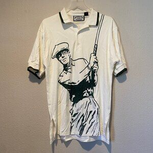 Vintage‎ Golfer Print Polo Shirt White Green Cotton Size Medium 90s Style
